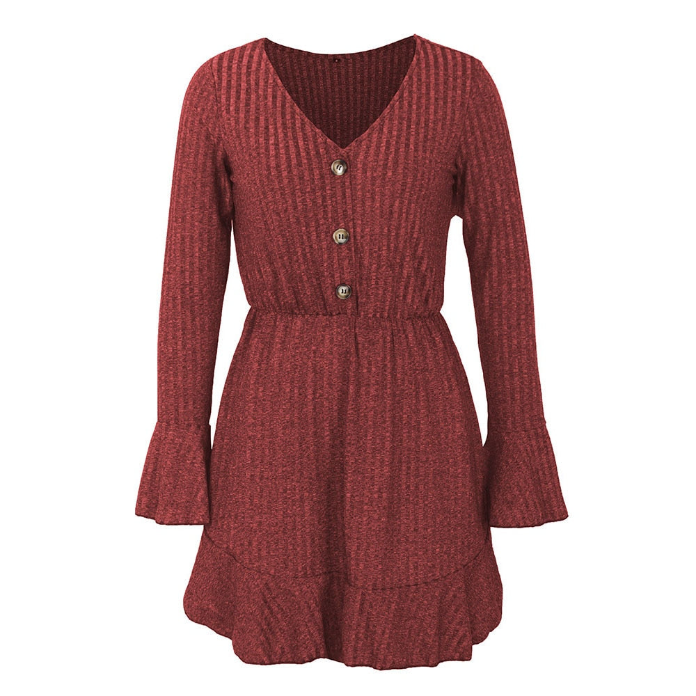 Flare Long Sleeve Women Dress Casual Autumn Winter V Neck Buttons Solid Mini A-Line Party Mini Dresses