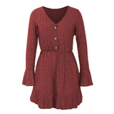 Flare Long Sleeve Women Dress Casual Autumn Winter V Neck Buttons Solid Mini A-Line Party Mini Dresses