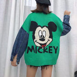 Fall and Winter Cartoon Sweater Jacket for Women Long Sleeve Loose Patchwork Denim Knit Cardigans Coat Mickey Sweater Outwear