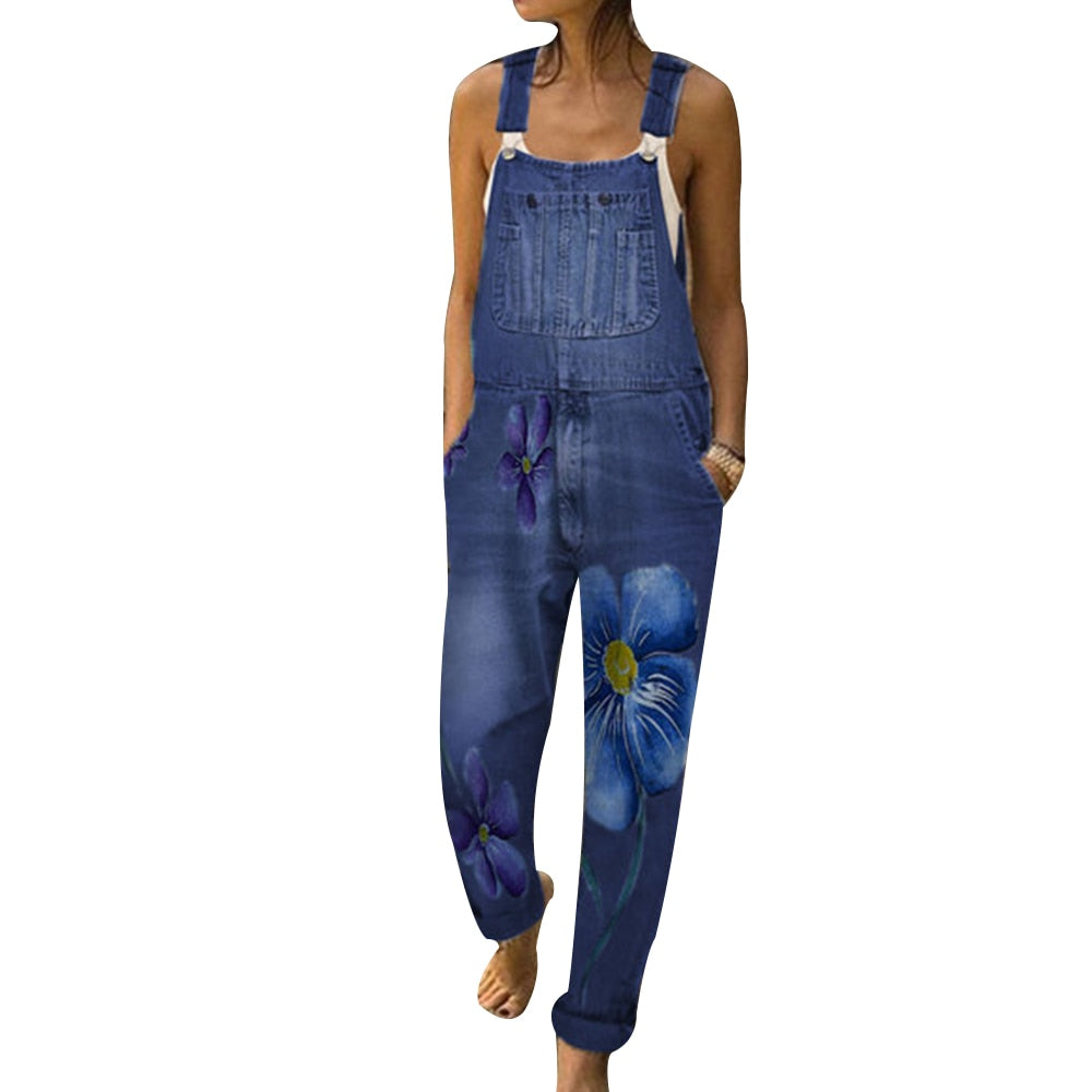 Fashion Women Florals Printing Women Jeans Autumn Straps Neck Light Washed Pockets Overalls Denim Pants Full Length